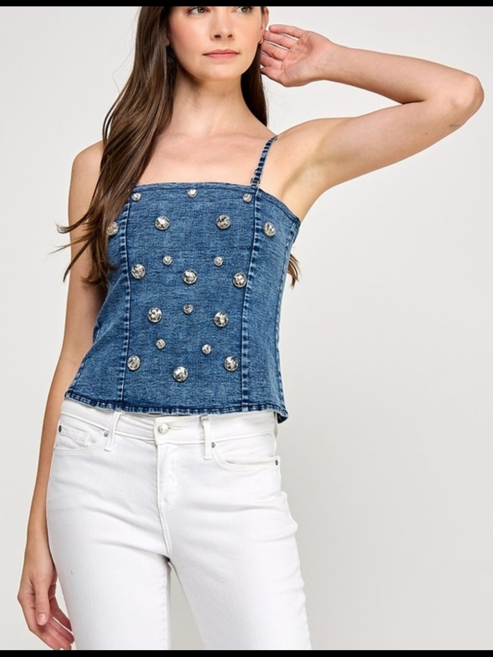 Denim Embellished Spaghetti Strap Top - Blue